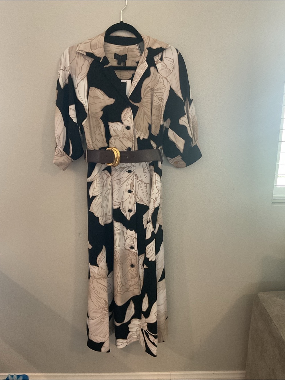 Donna Karan Black and Cream Floral Maxi Belted Dress Kentucky Derby